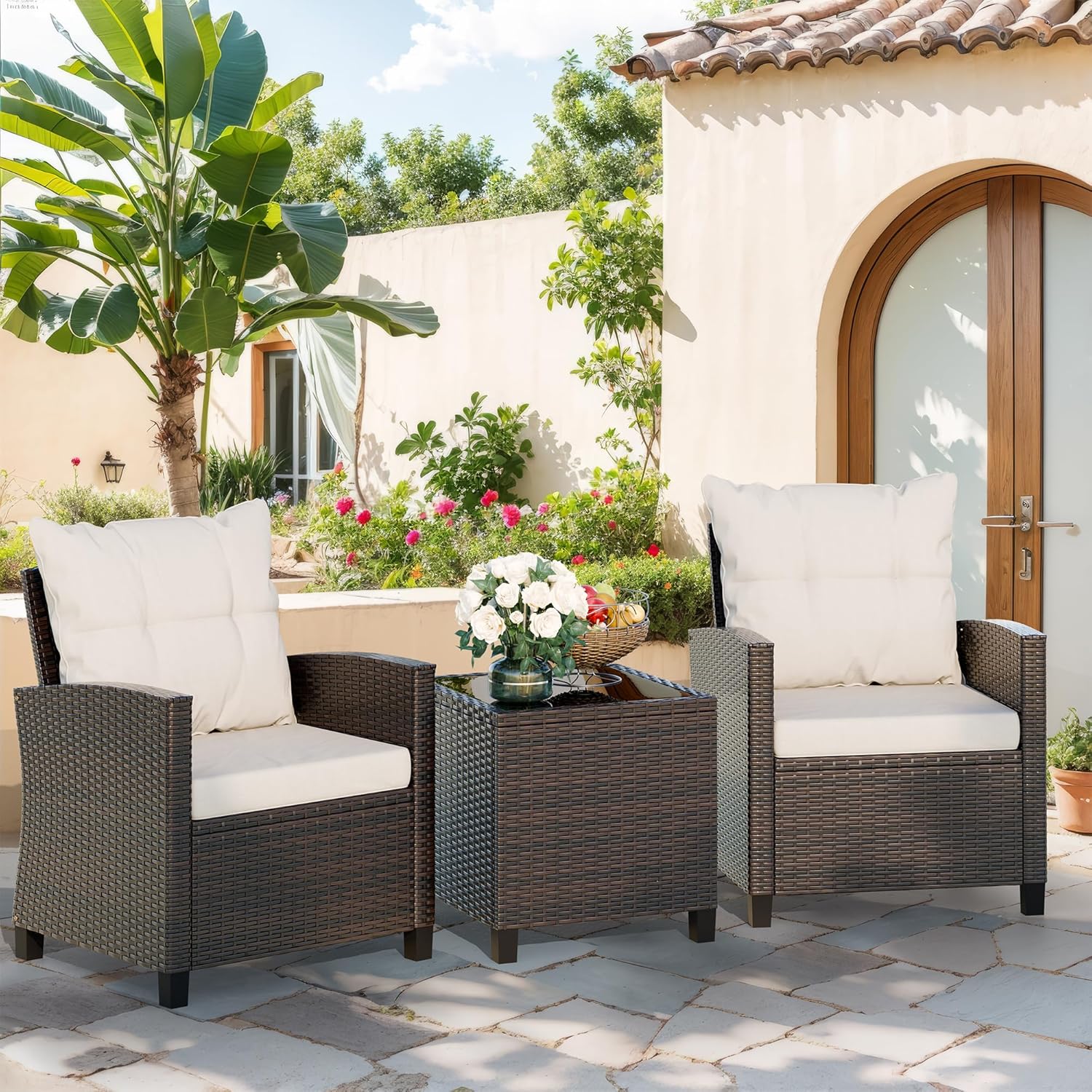 3 Piece Patio Furniture Set Small Outdoor Wicker Rattan Front Porch Bistro Set Cushioned Patio Chairs Conversation Set