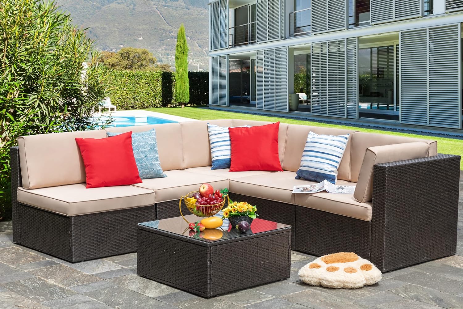 6 Piece Patio Furniture Set, Small Outdoor Sectional Sofa Couch, All Weather PE Wicker L-Shaped Corner Patio Sofa