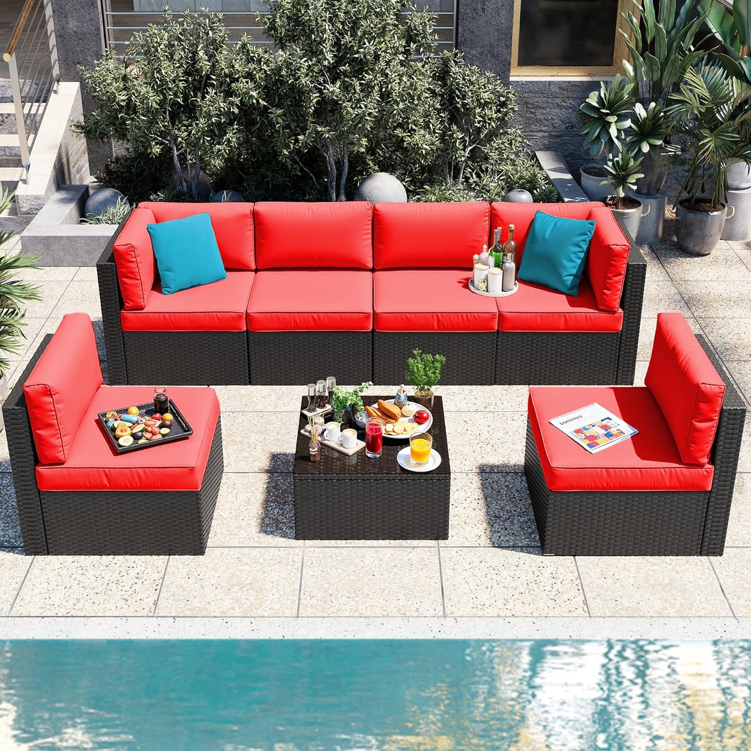 7 Pieces Patio Furniture Sets, Outdoor All-Weather Wicker Patio Conversation Sets