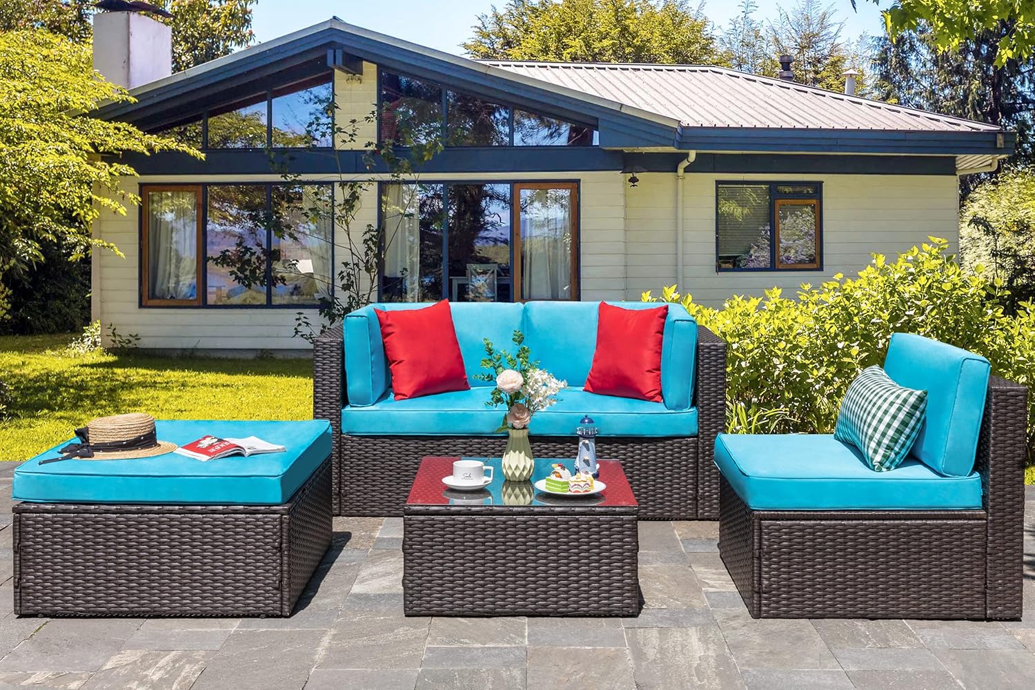 5 Piece Patio Furniture Sets, Outdoor Patio Set Sectional Sofa, All-Weather PE Rattan Outdoor Couch with Ottoman