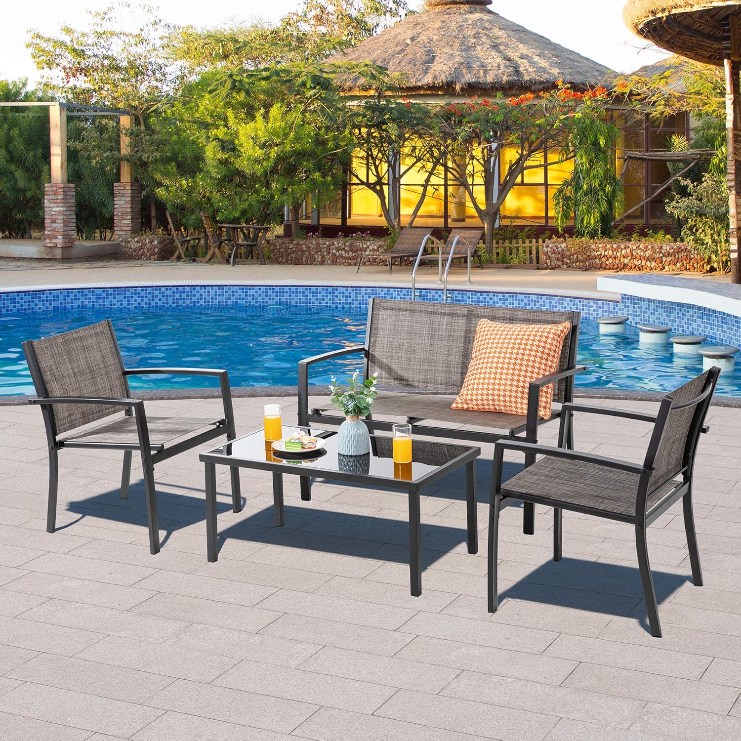 4 Pieces Patio Furniture Sets,Outdoor Patio Conversation Sets with Glass Coffee Table, Small Porch Balcony Furniture