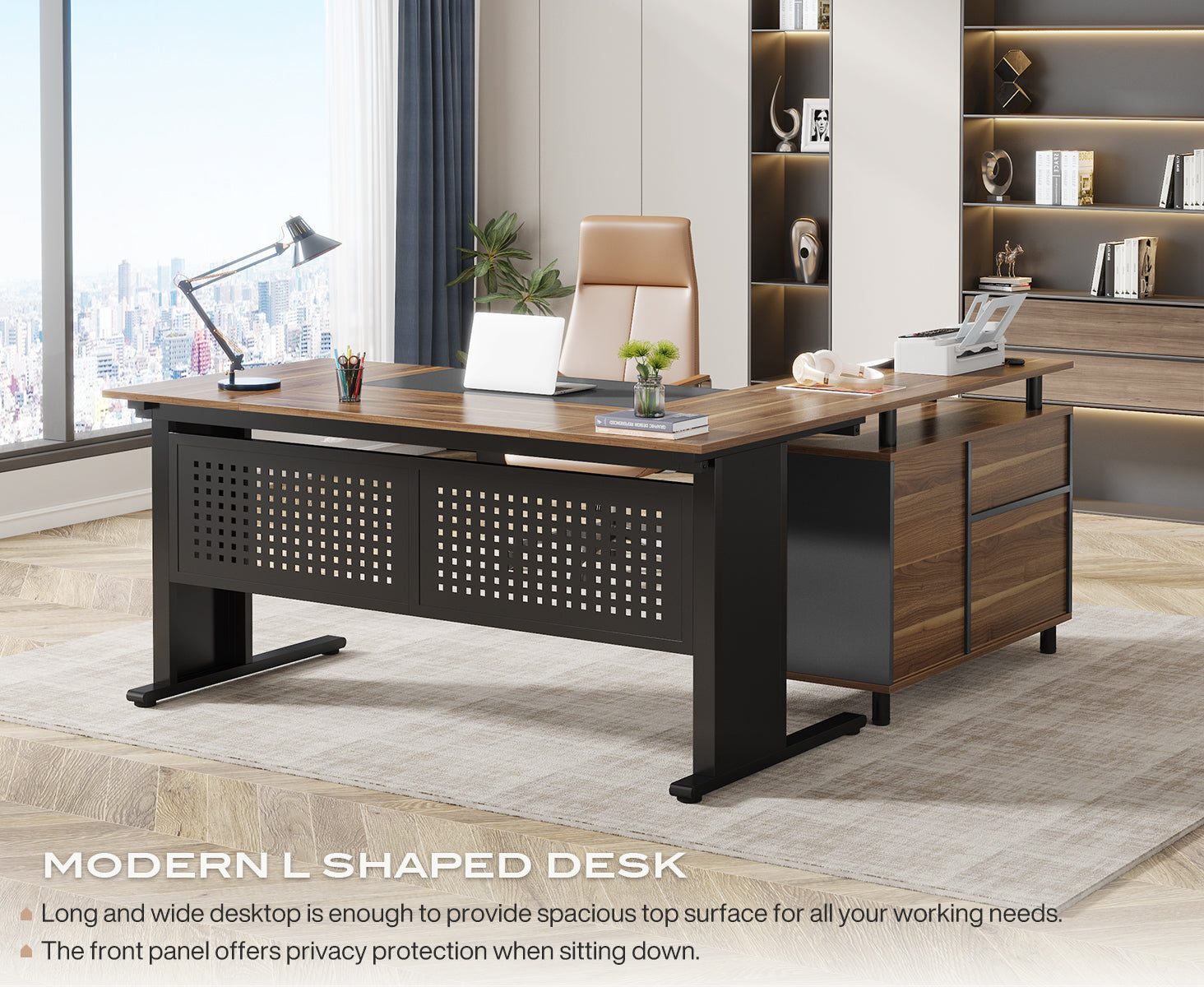 Industrial L-Shaped Desk, 63" Computer Executive Desk with File Cabinet