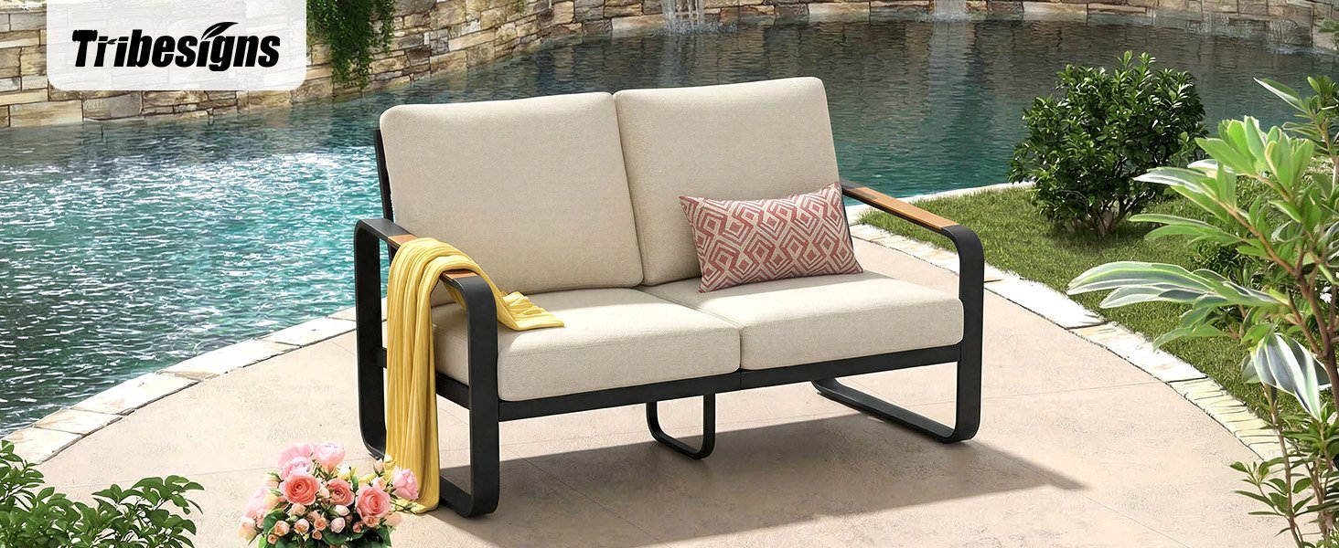 54.3" Wide Loveseat Sofa, Outdoor Patio Sofa With Removable Cushions