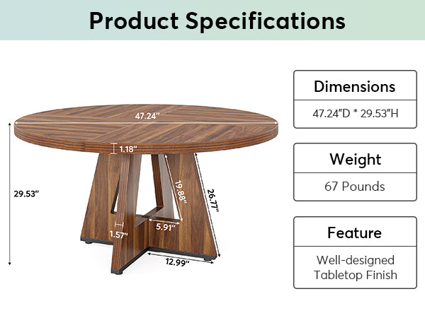 Round Dining Table for 4, 47" Wooden Kitchen Table Farmhouse Dinner Table