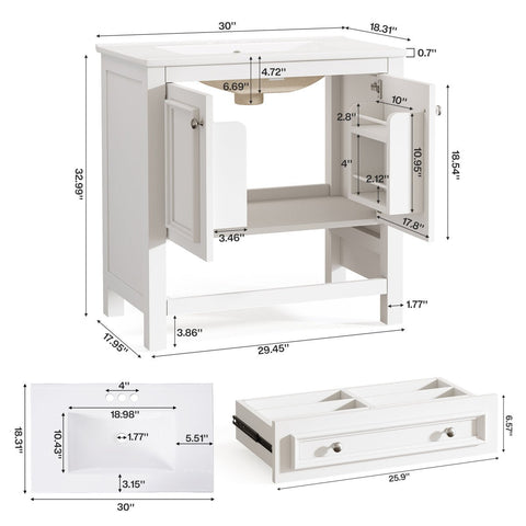 30" Bathroom Vanity, Modern Vanity Cabinet with Ceramic Basin and 1 Drawer Tribesigns