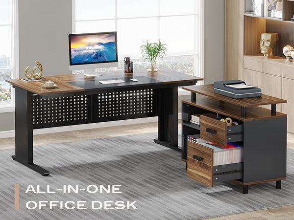 Industrial L-Shaped Desk, 63" Computer Executive Desk with File Cabinet