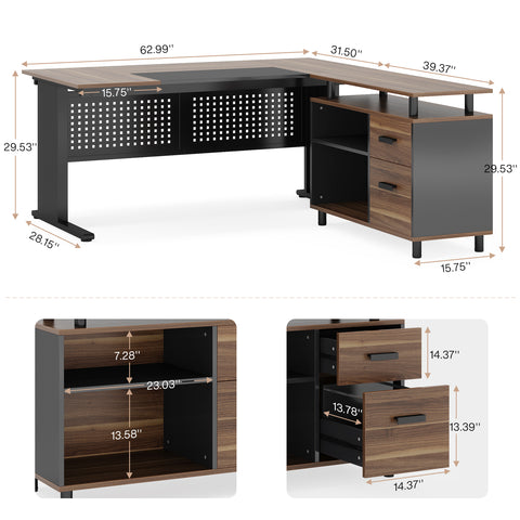 Industrial L-Shaped Desk, 63" Computer Executive Desk with File Cabinet