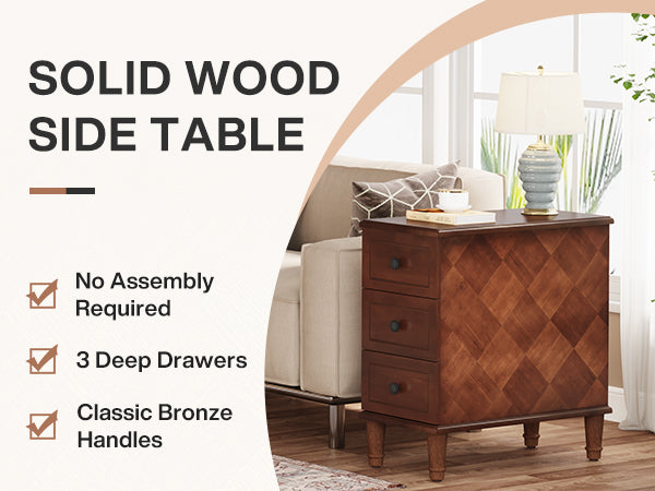 Wood Nightstand, Fully Assembled Narrow Side Table with 3 Drawers