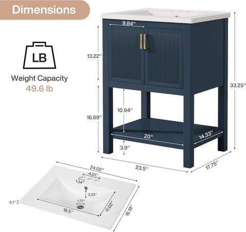 24" Bathroom Vanity, Modern Bathroom Sink Cabinet with Ceramic Basin and 2 Doors Tribesigns