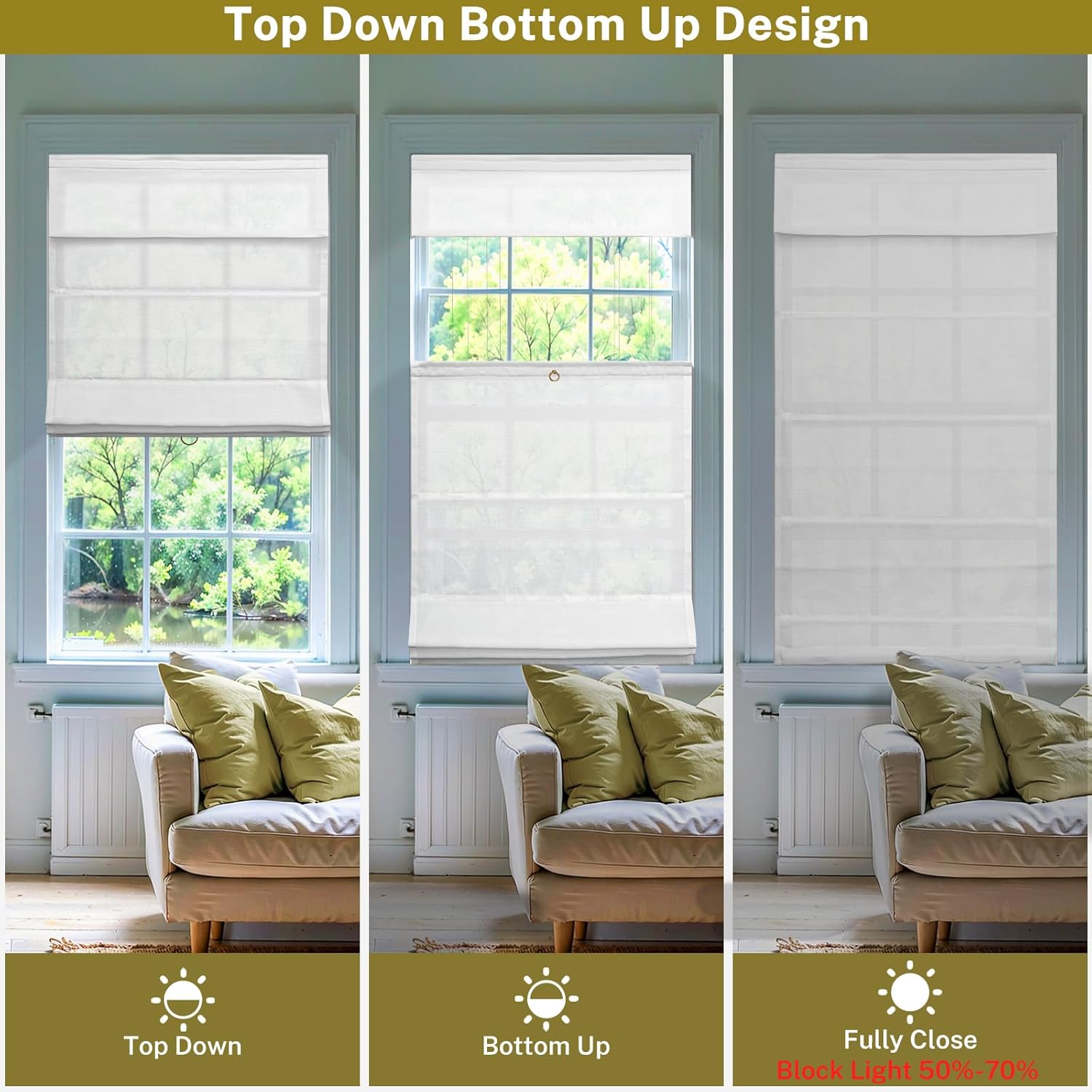 Thermal Insulated Roman Window Blinds for Home Office, White.