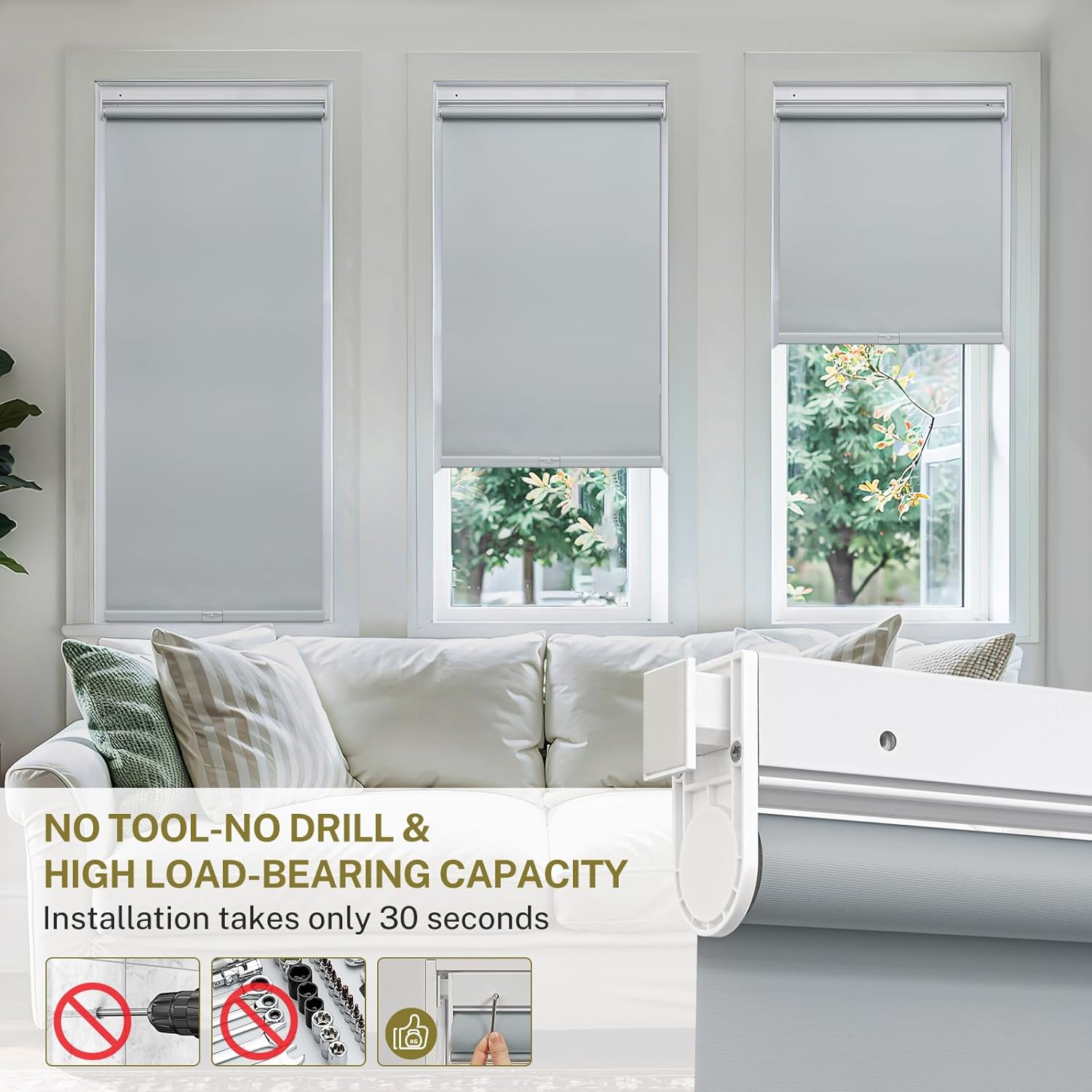 No Drill Cordless Roller Blinds Waterproof Blackout Blinds for Windows