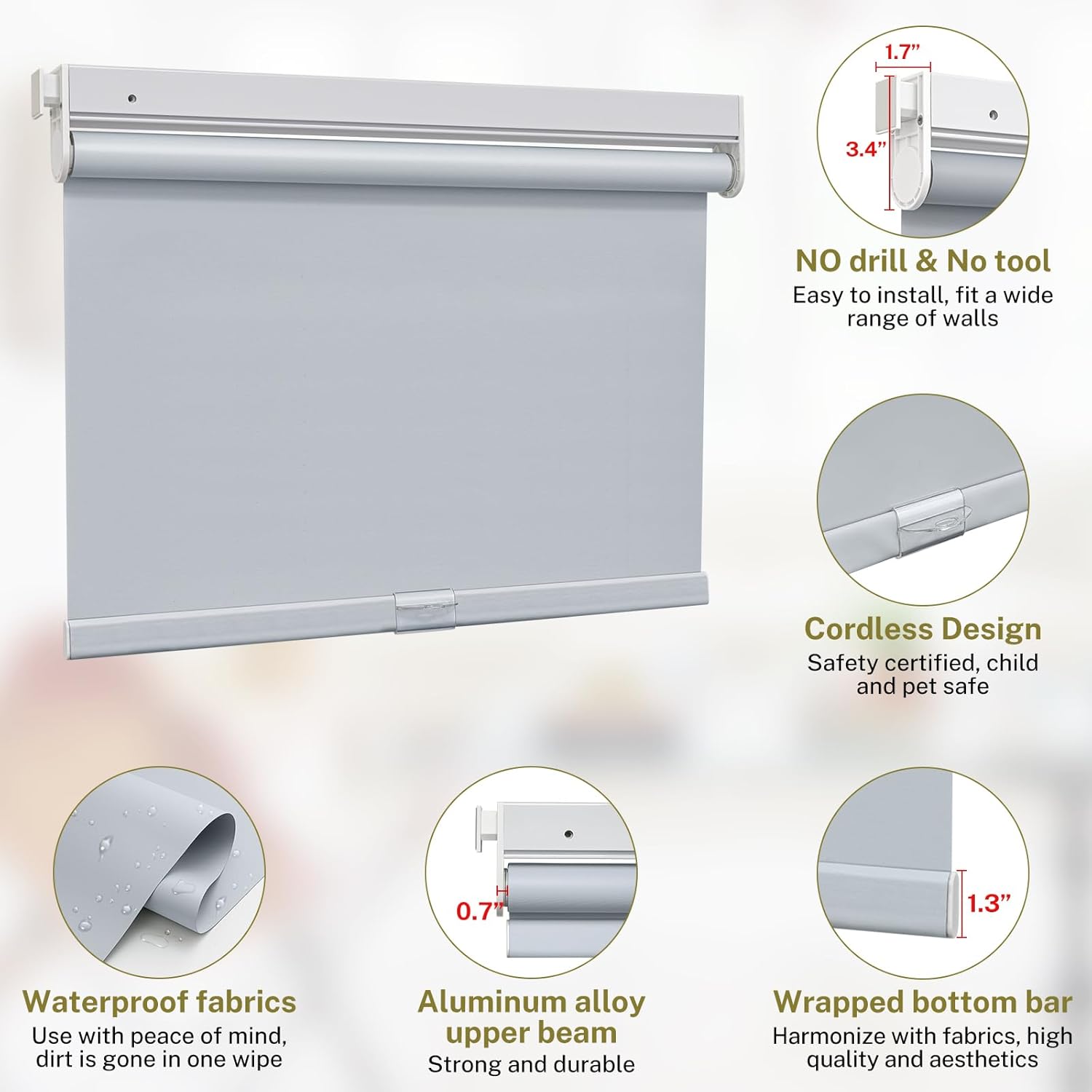 No Drill Cordless Roller Blinds Waterproof Blackout Blinds for Windows