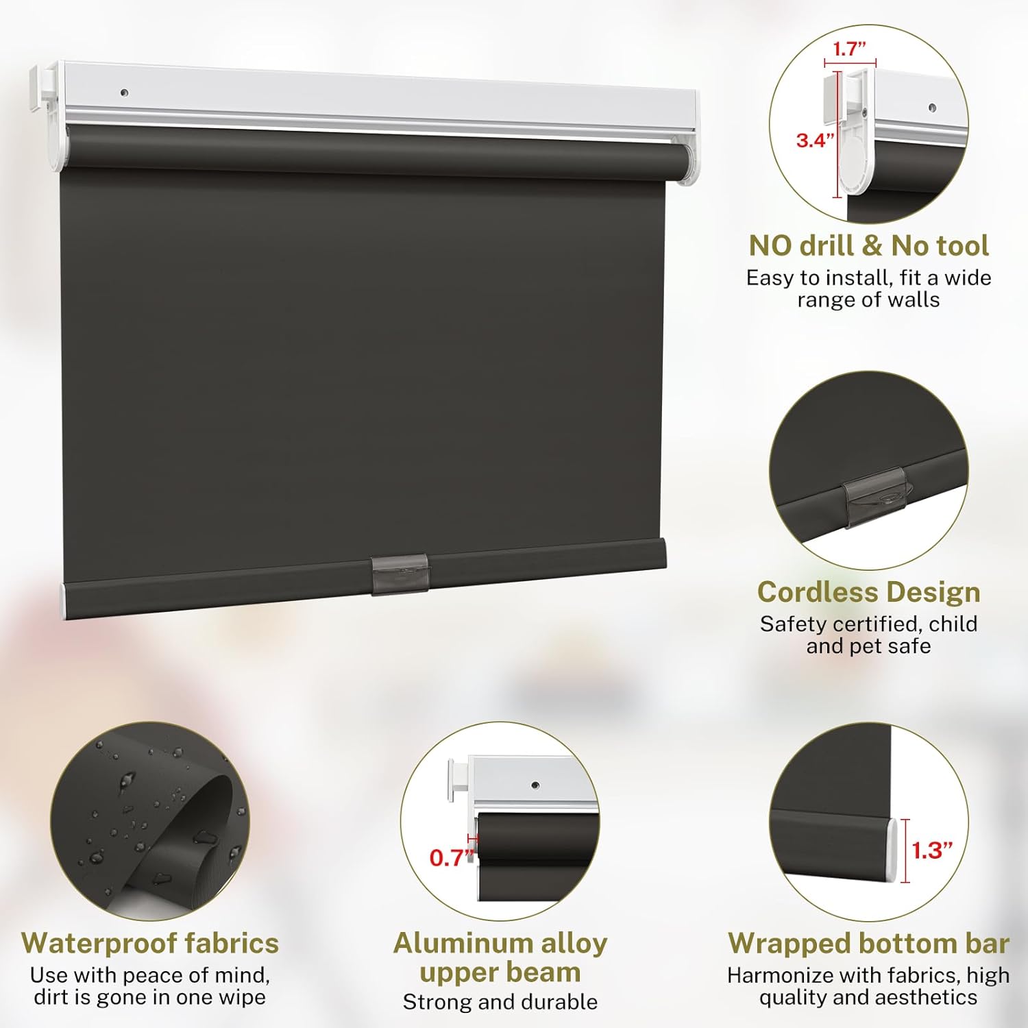 No Screw Roller Shades Thermal Insulated UV Protection Privacy Window Shades 