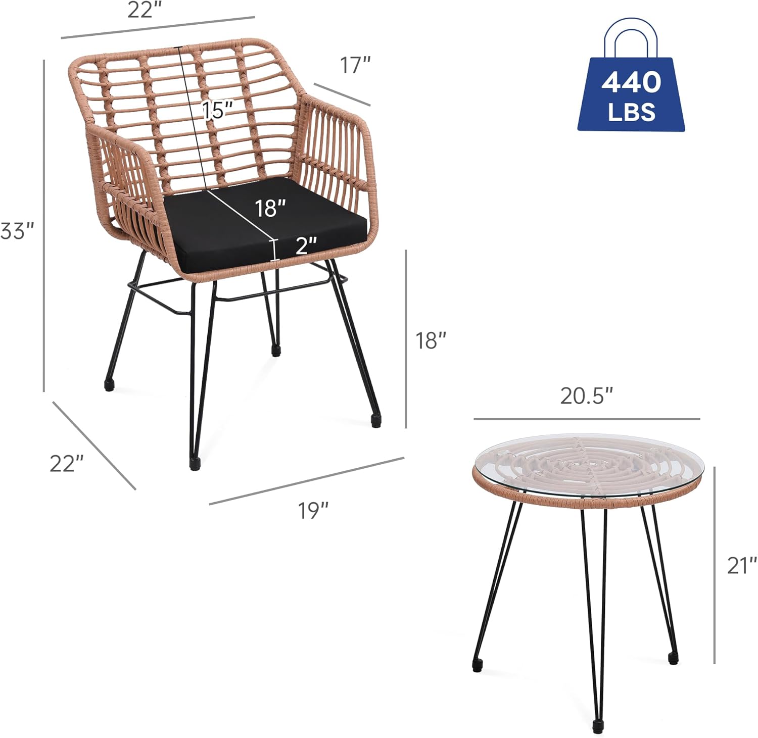 3 Piece Wicker Patio Bistro Furniture Set, Includes 2 Rattan Chairs and Glass Top Table