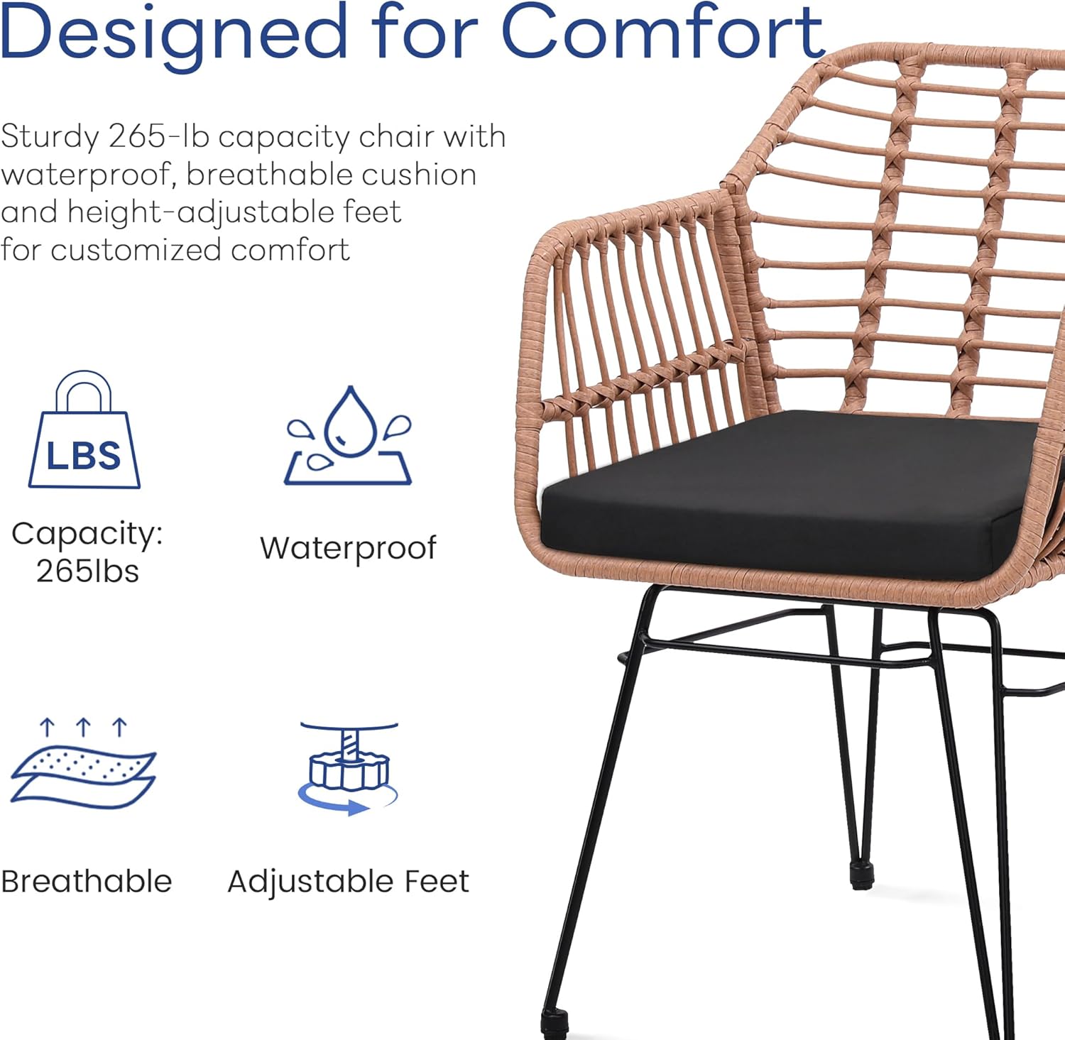 3 Piece Wicker Patio Bistro Furniture Set, Includes 2 Rattan Chairs and Glass Top Table