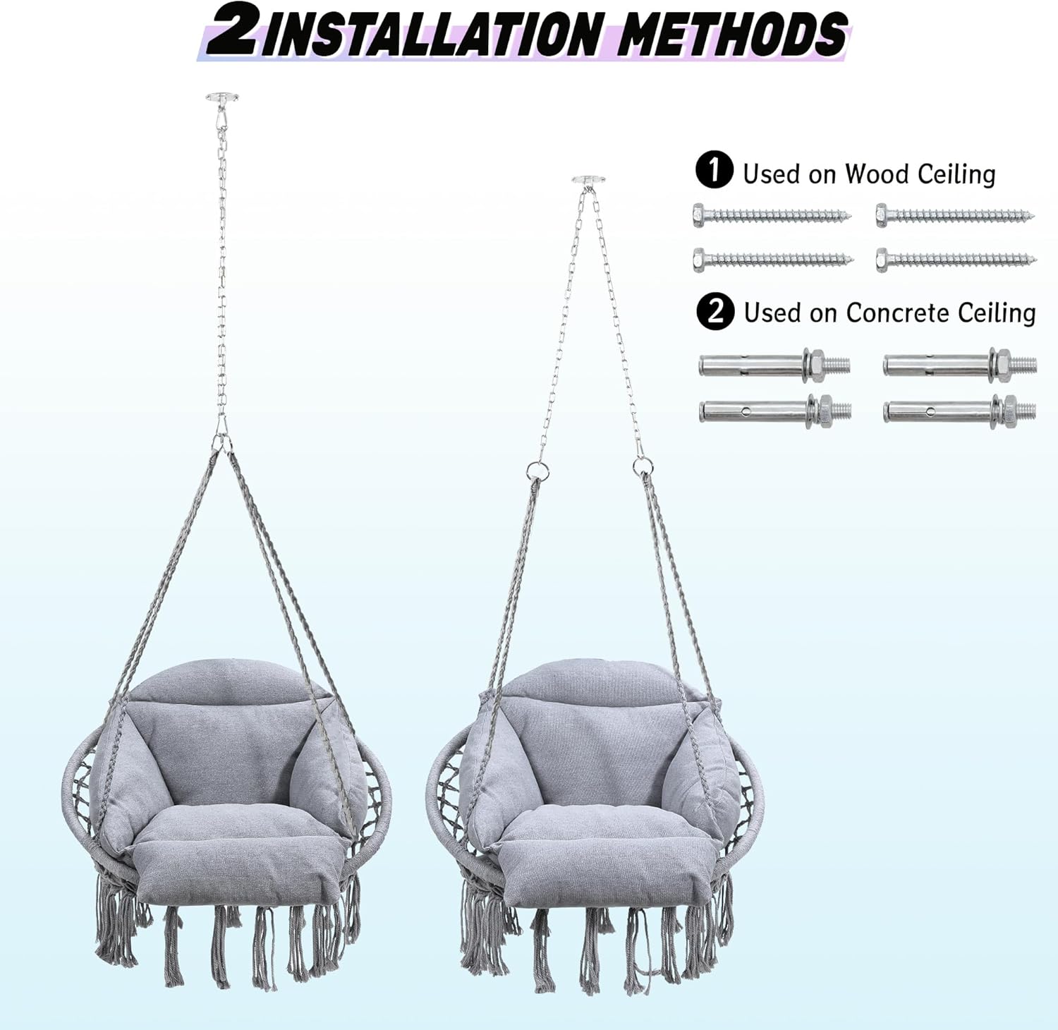 Macrame Hammock Hanging Swinging Chair with Oversized Cushion, Perfect for Bedroom, Porch, Kids, Adults, Balcony, Grey