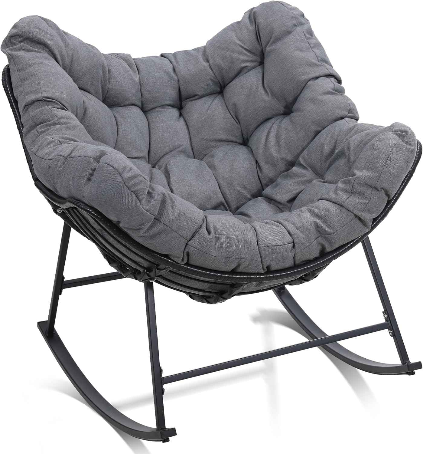 Oversized Papasan Rocking Chair, Outdoor Egg-Shaped Wicker Chair with Thick Cushion, Modern Rattan Rocker