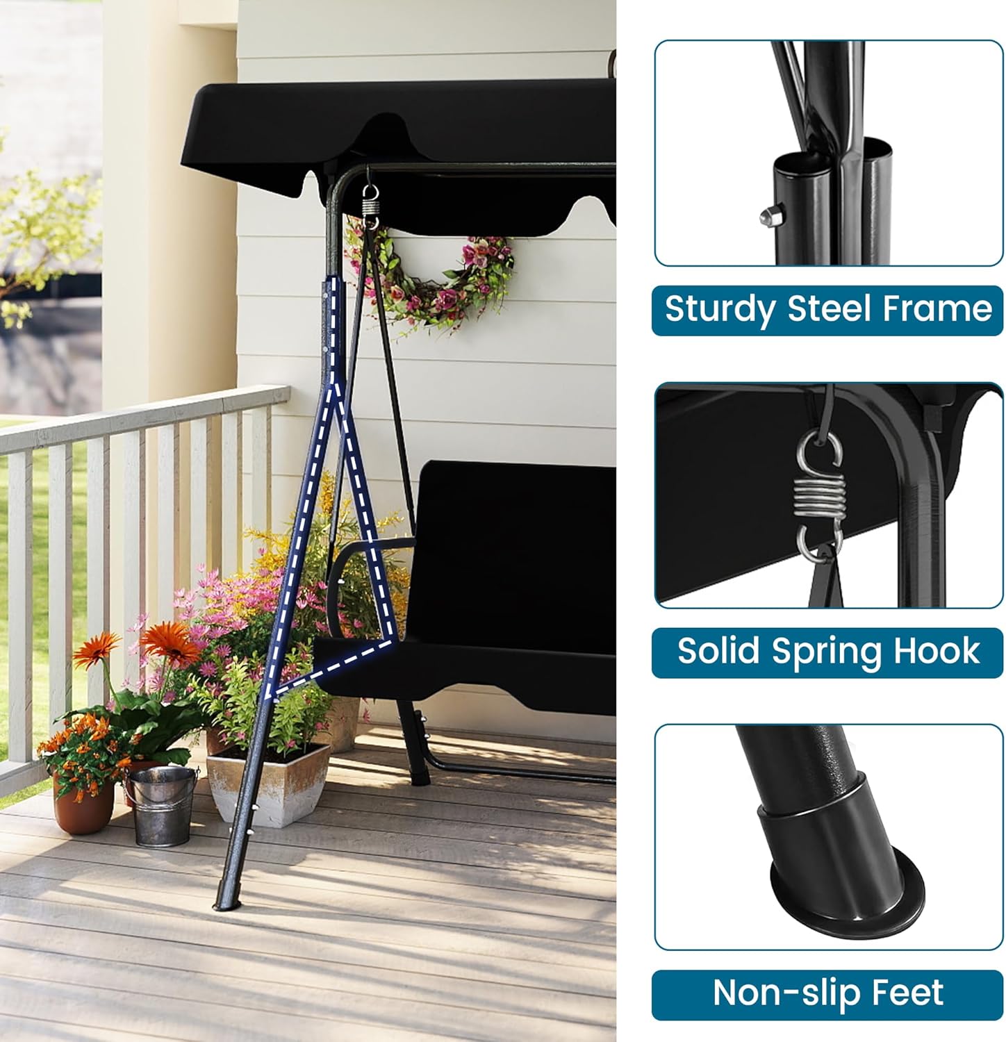 Durable Outdoor Glider Swing with Canopy，Patio Garden Bench and Stand for Backyard