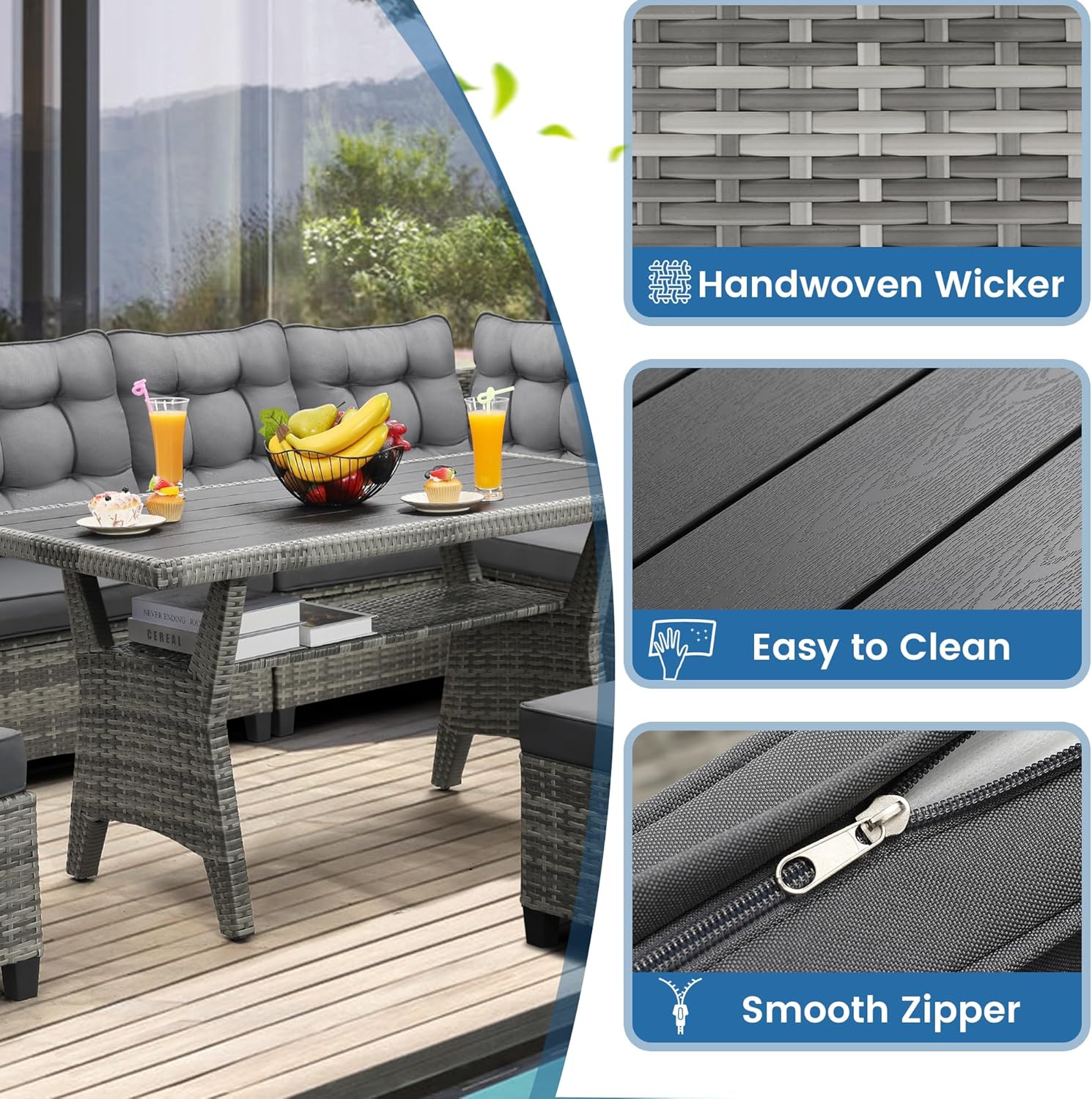 6-Piece Patio Furniture Set, Outdoor Sectional Sofa with Dining Table & Chairs