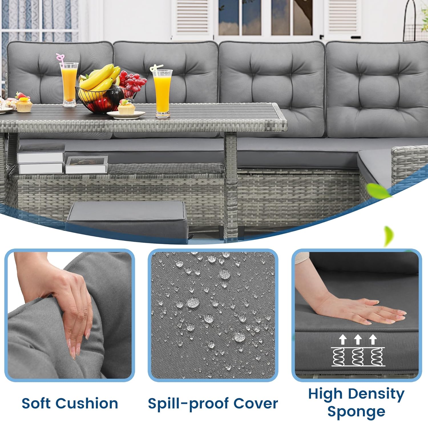 6-Piece Patio Furniture Set, Outdoor Sectional Sofa with Dining Table & Chairs