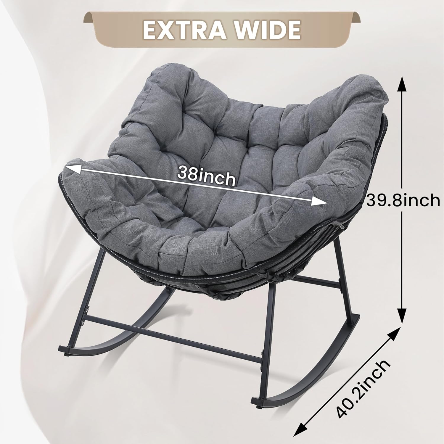 Oversized Papasan Rocking Chair, Outdoor Egg-Shaped Wicker Chair with Thick Cushion, Modern Rattan Rocker