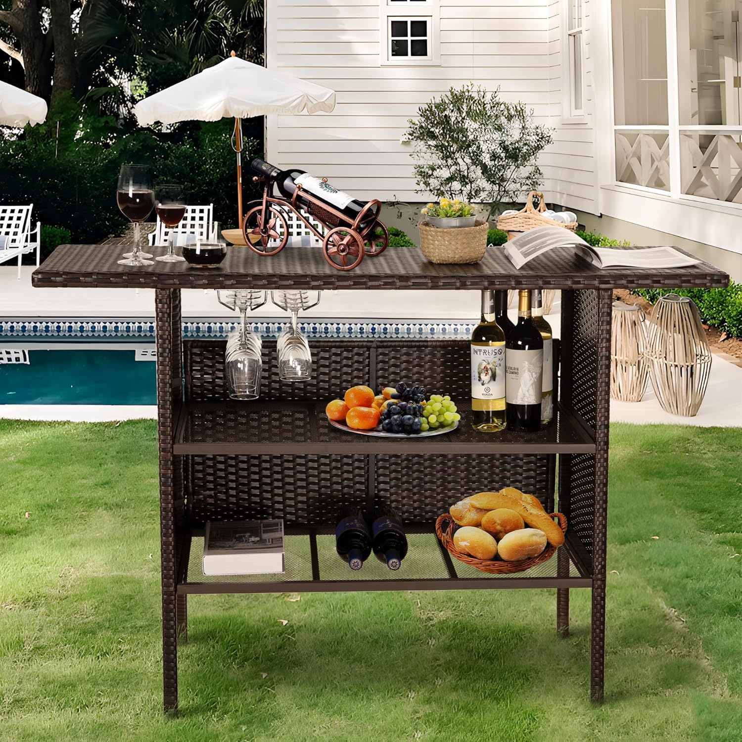 Outdoor Patio Wicker Bar, Rattan Counter Table with 2 Storage Shelves