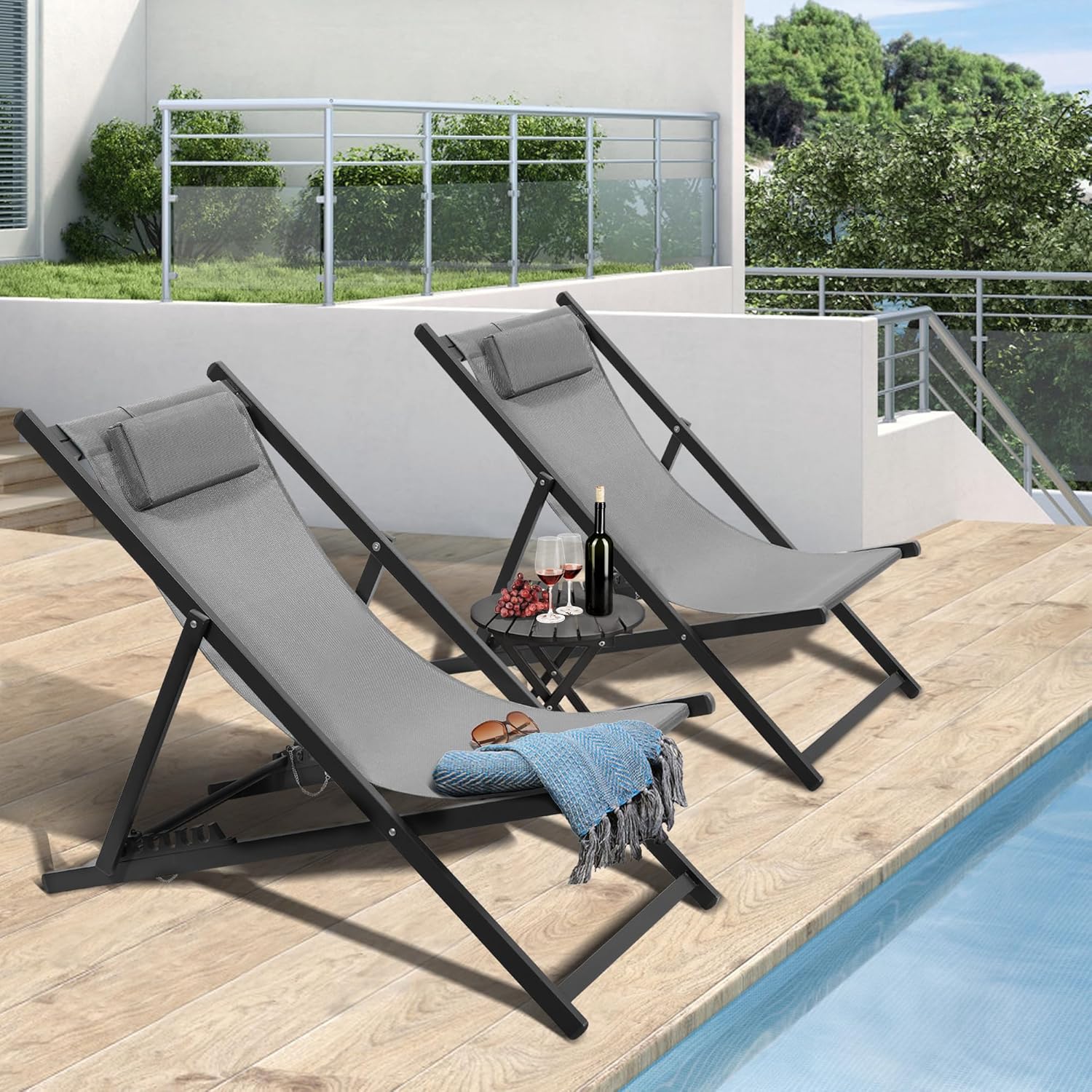 Set of 2 Outdoor Patio Sling Chairs, UV Waterproof Fabric, Lightweight Foldable Aluminum Frame