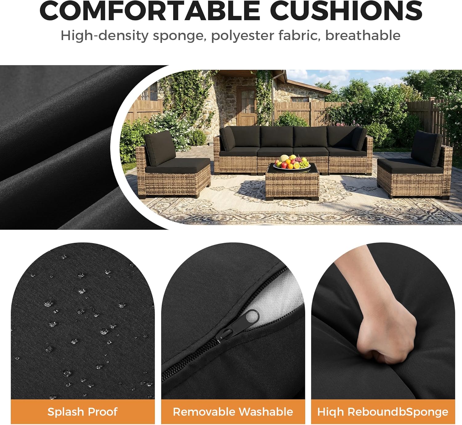 7 Piece Outdoor Wicker Patio Furniture Set, Rattan Sectional Sofa Conversation Set with Coffee Table & Cushions