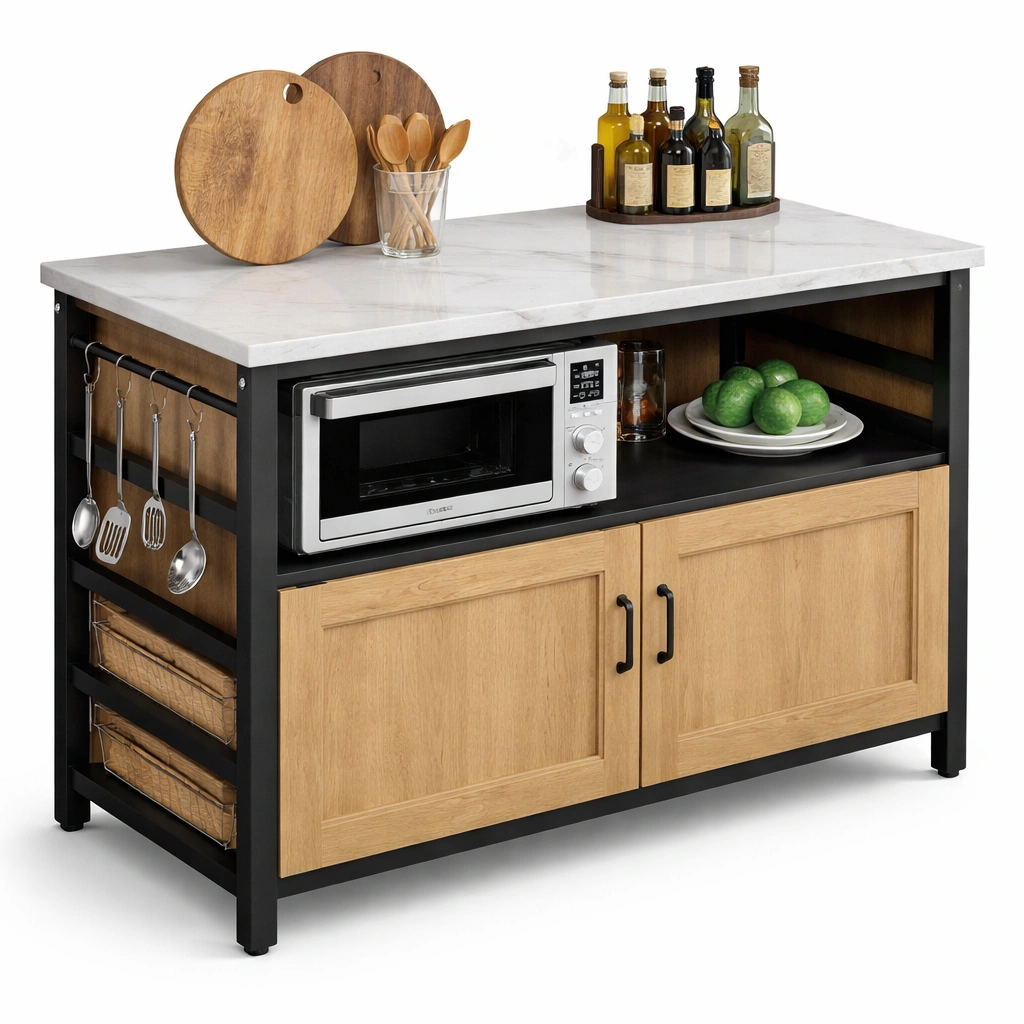 Meuble cuisine îlot bois moderne avec étagères ouvertes-kevtrix