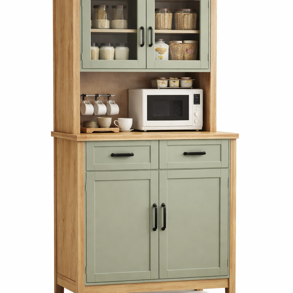 Buffet cuisine vert avec vitrine et espace micro onde-kevtrix