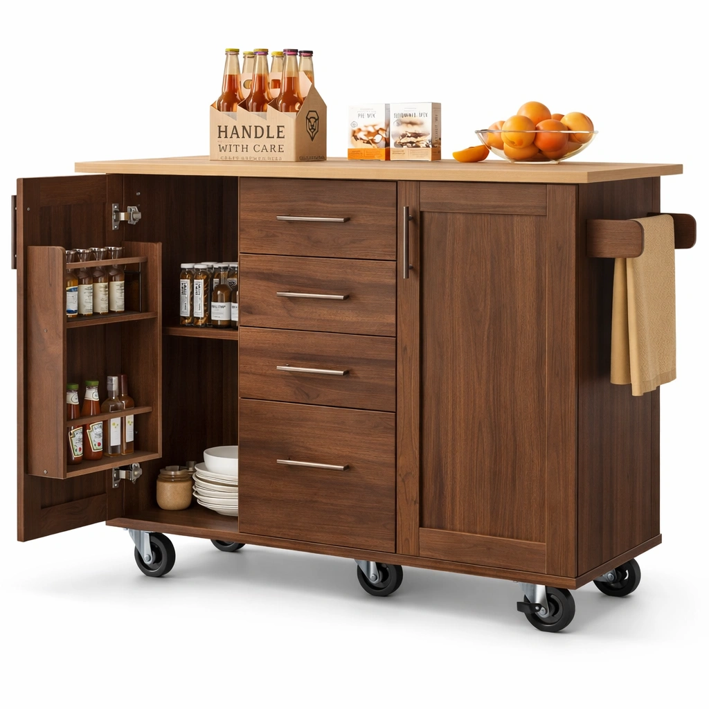 Îlot cuisine mobile bois avec roulettes et rangement intégré-kevtrix