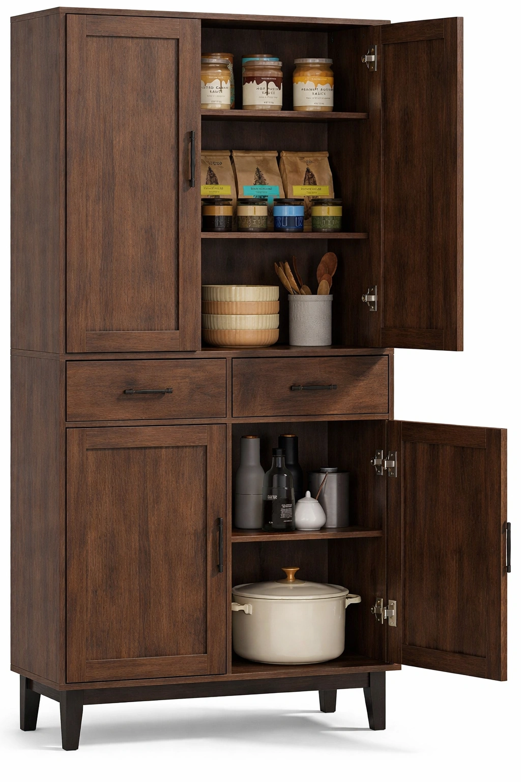 Armoire cuisine bois foncé avec compartiments et tiroirs-kevtrix