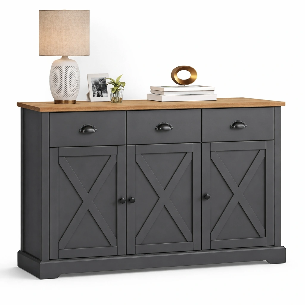 Buffet salon gris avec portes croisées et tiroirs supérieurs-kevtrix