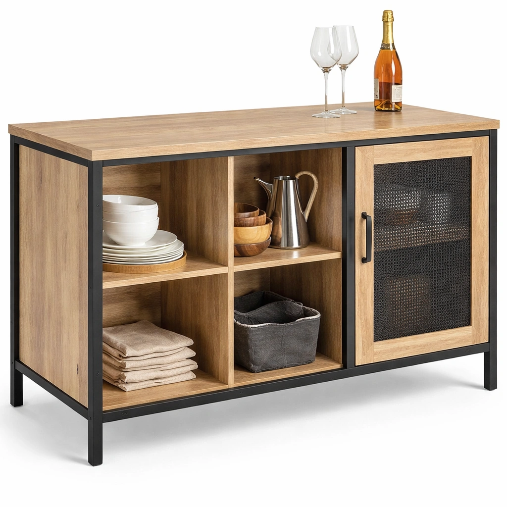 Meuble bas cuisine bois avec compartiments ouverts et porte-kevtrix