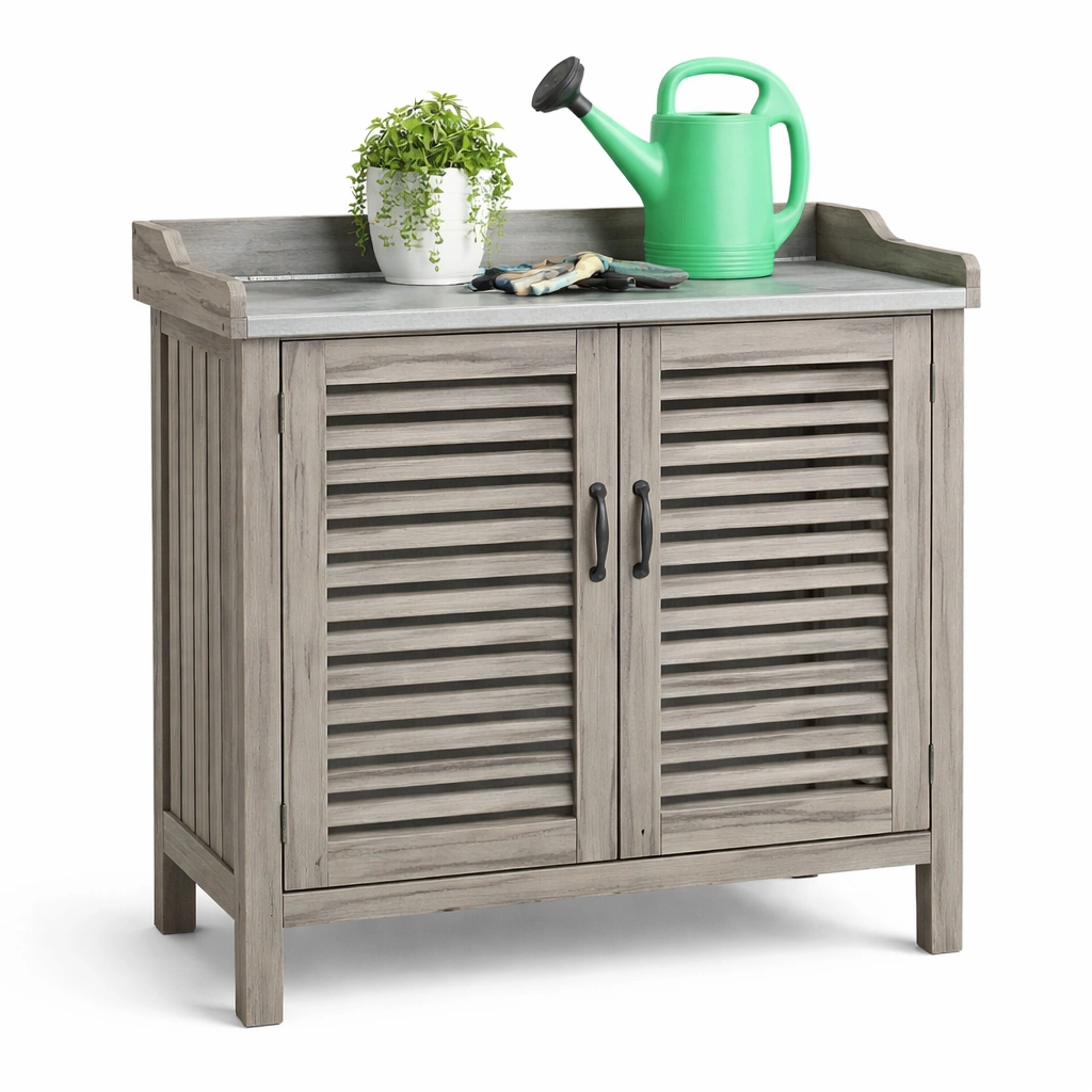 Meuble extérieur bois gris avec portes persiennes rangement-kevtrix