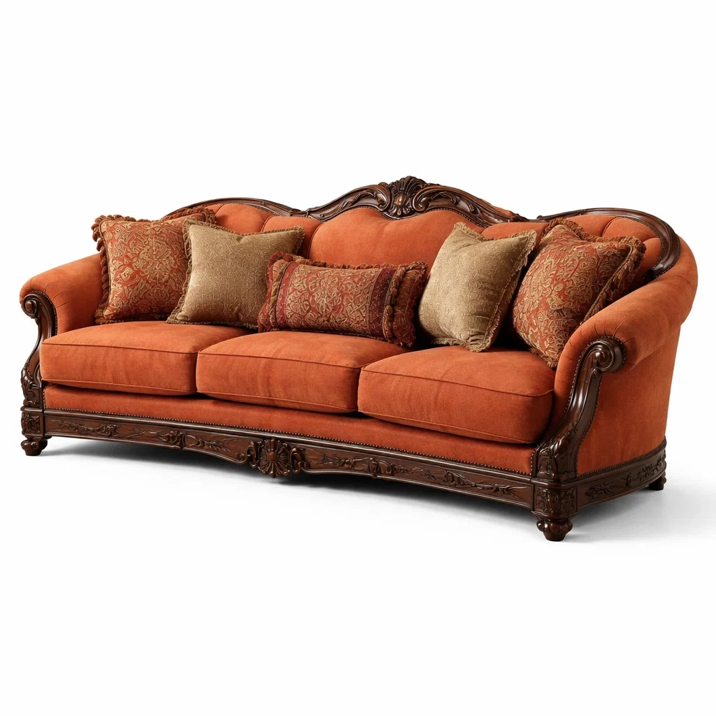 Canapé classique tissu orange structure bois sculpté luxe-kevtrix