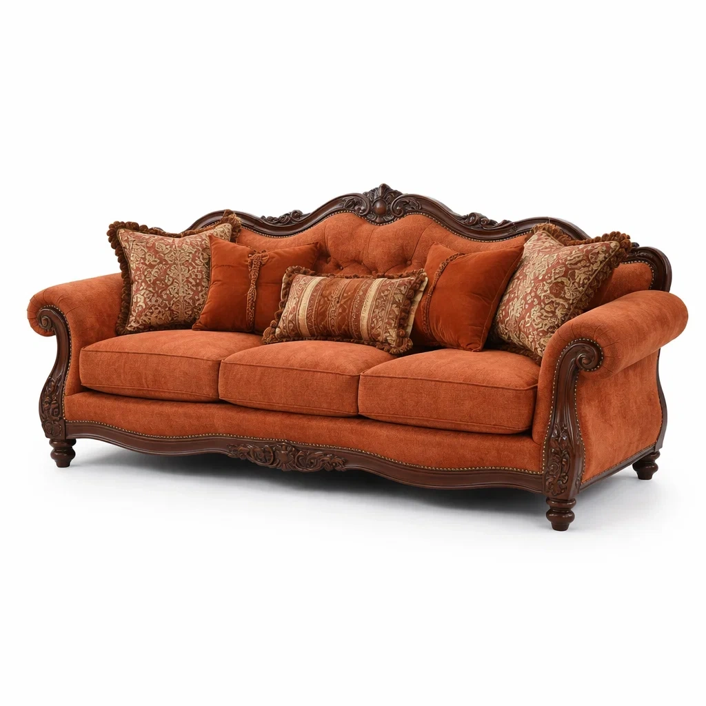 Canapé classique tissu orange dossier capitonné bois massif-kevtrix