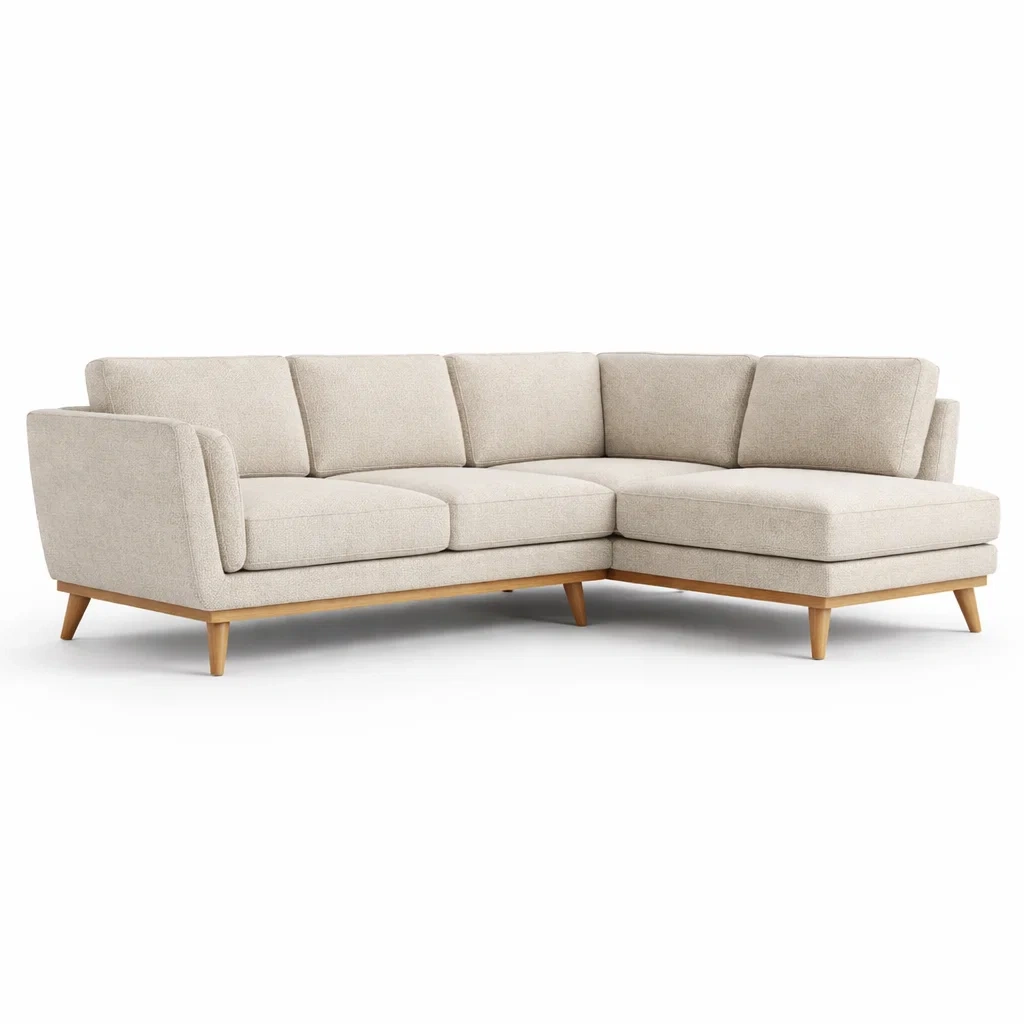 Canapé angle tissu beige pieds bois style naturel élégant-kevtrix