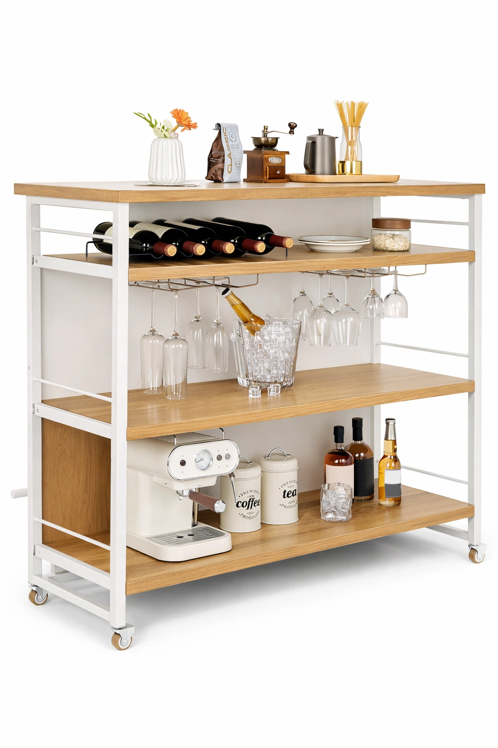 Meuble bar cuisine roulettes bois et métal étagères ouvertes-kevtrix