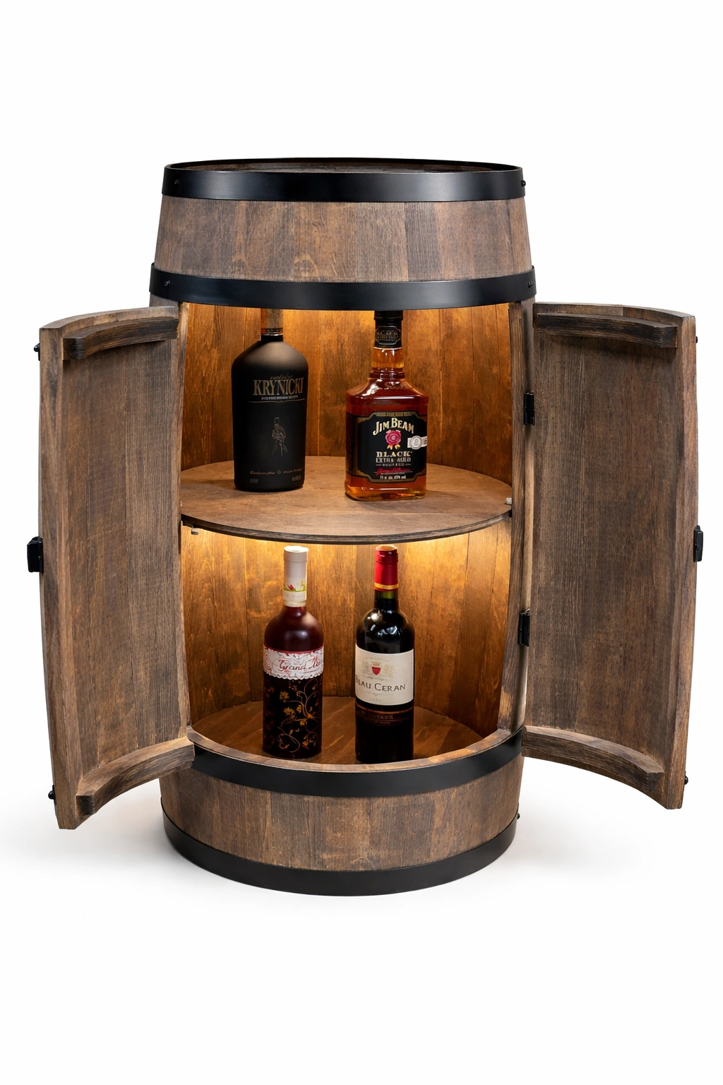 Bar tonneau bois rustique avec rangement bouteilles intégré-kevtrix