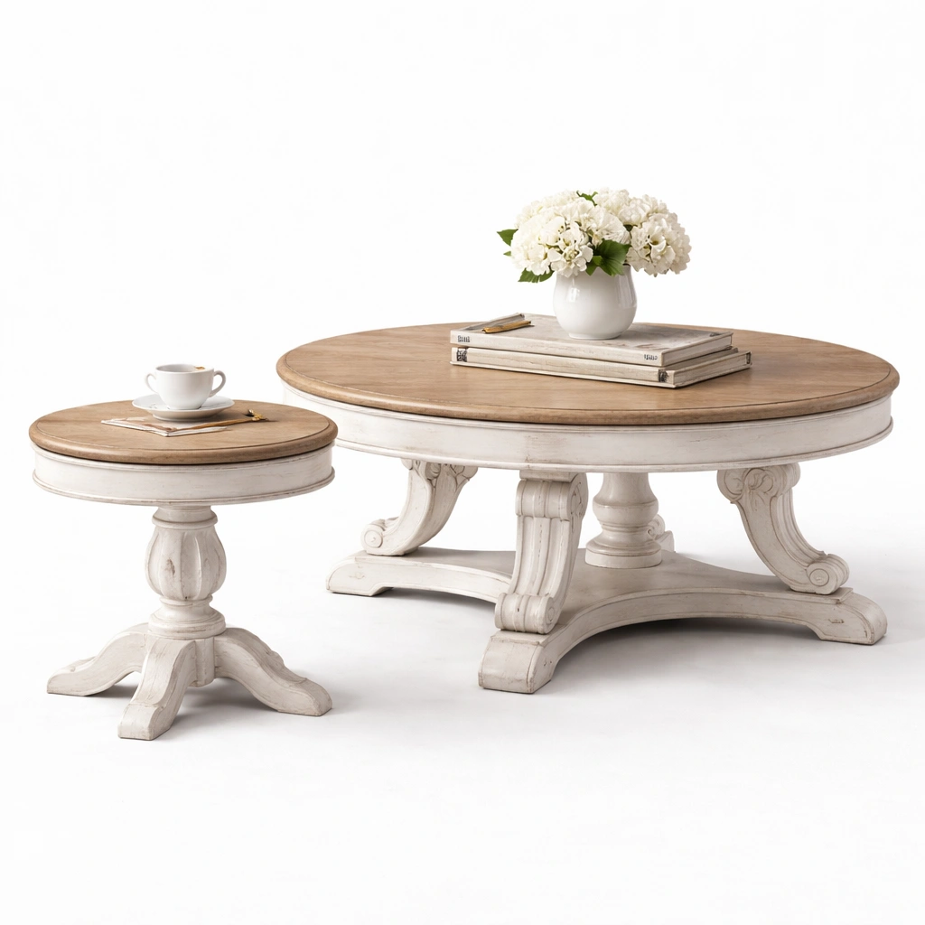 Table basse ronde bois massif style classique avec table d’appoint-kevtrix