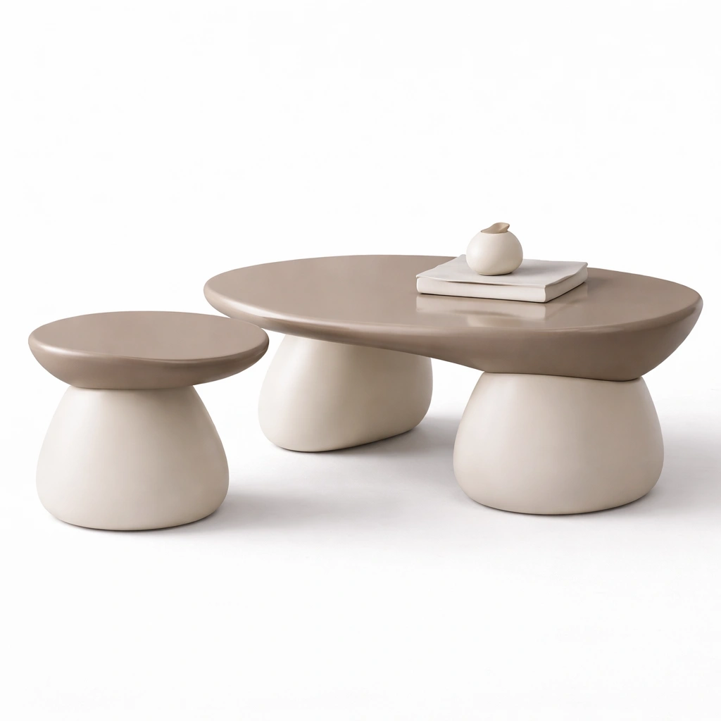 Table basse design organique avec tabouret forme moderne ensemble-kevtrix