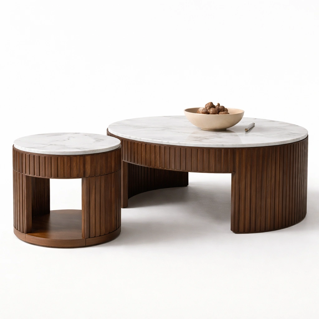 Table basse ronde bois avec plateau marbre et table d’appoint design-kevtrix