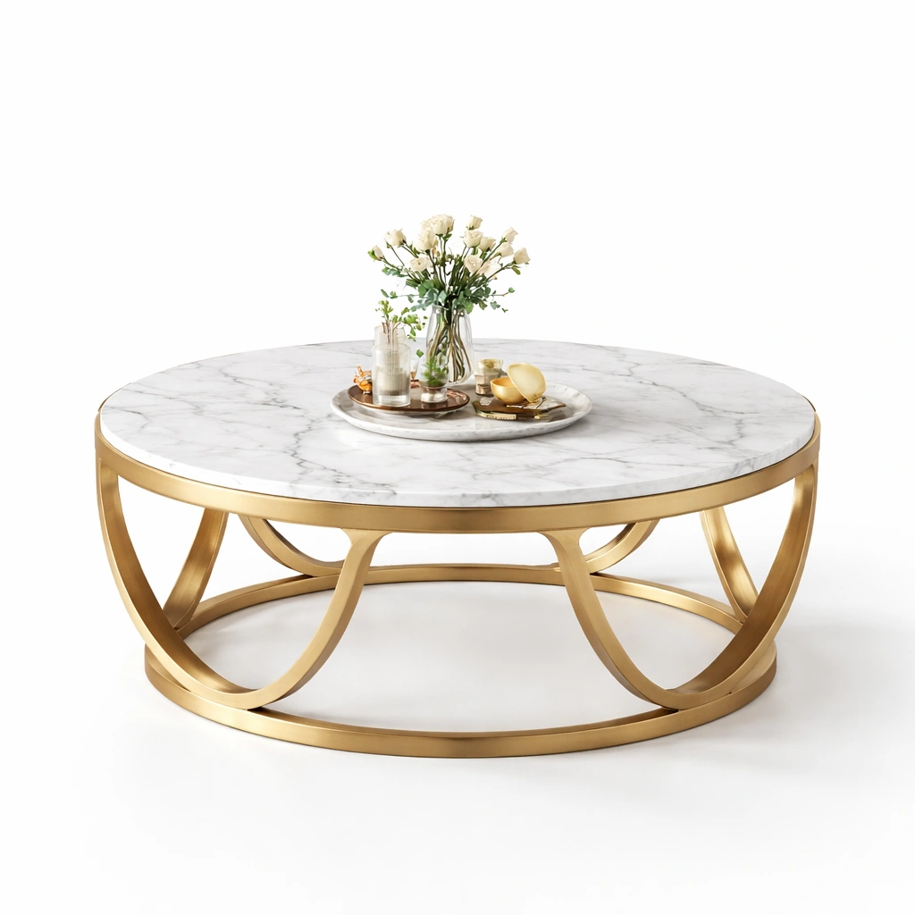 Table basse ronde marbre avec structure métal doré design luxe-kevtrix
