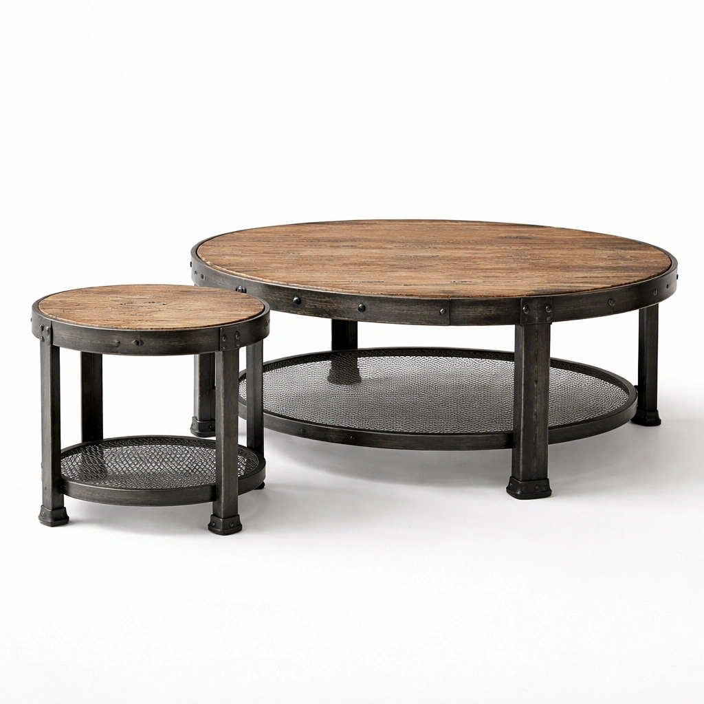 Table basse industrielle bois et métal avec étagère grillagée set-kevtrix