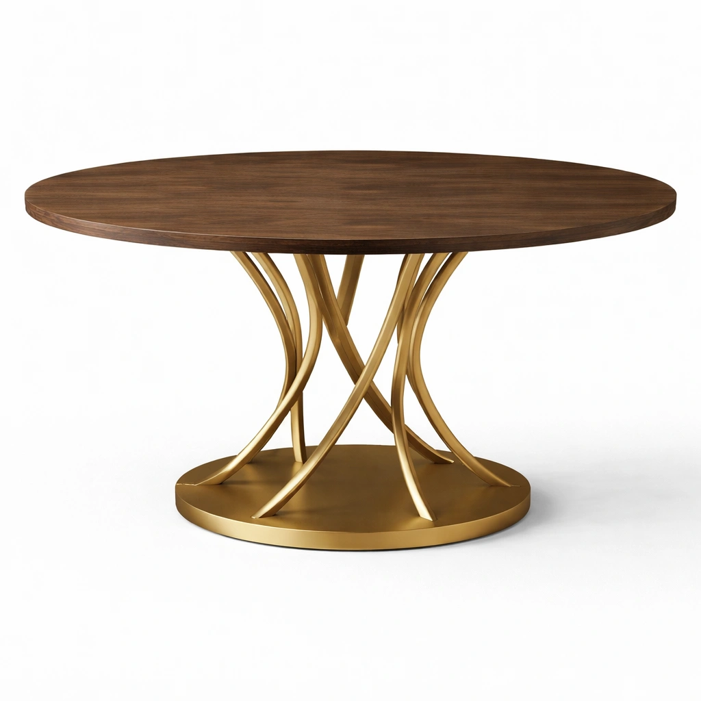 Table ronde bois avec pied métal design sculptural moderne-kevtrix