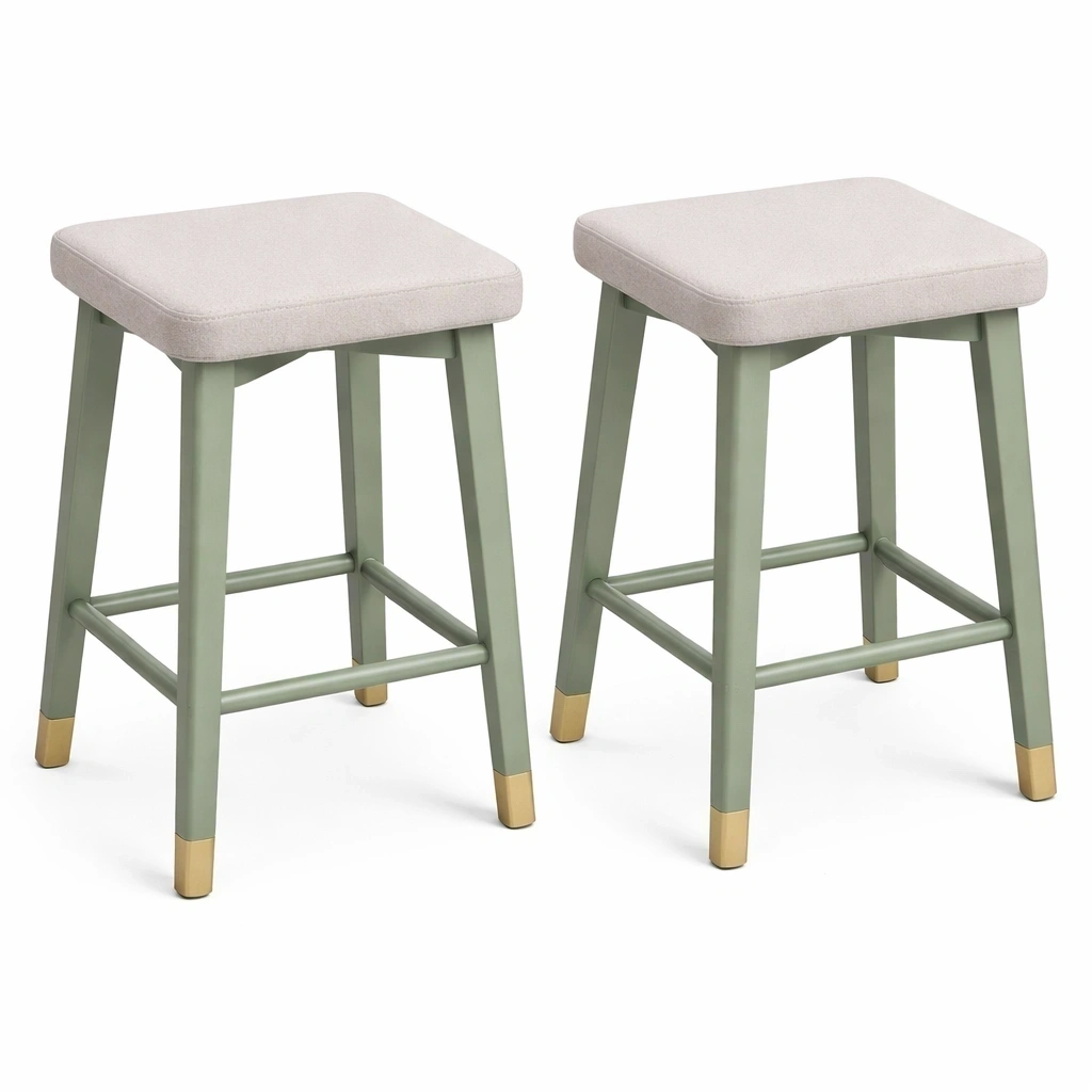 Lot 2 tabourets bois vert coussin tissu-serqonix