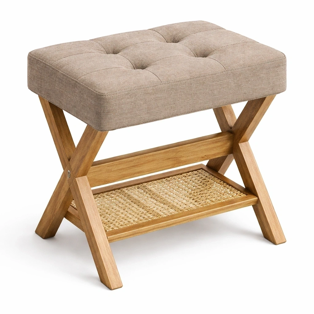 Banc bois avec coussin et etagere rotin-serqonix