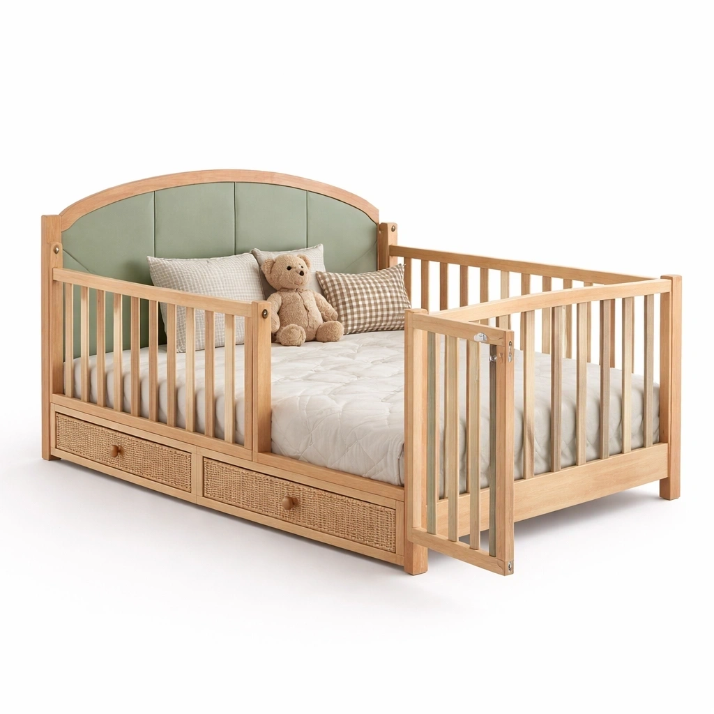 Lit enfant en bois naturel avec barriere et tiroirs en rotin-serqonix