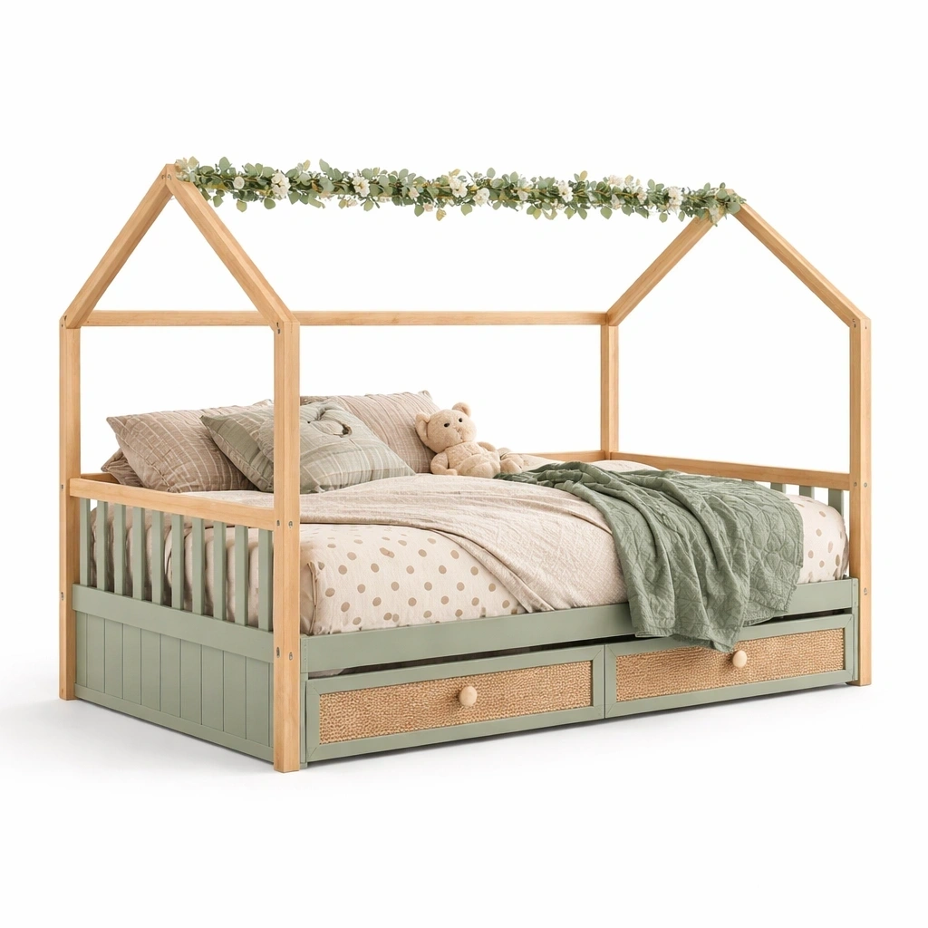 Lit cabane enfant vert sauge et bois avec tiroirs-serqonix
